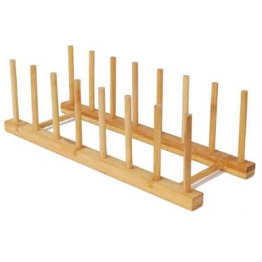 Imagem de Escorredor de pratos de madeira de bambu para armários, organizador de pratos para economizar espaço no armário, suporte vertical de pratos para armários de cozinha, organizador de tábuas de corte