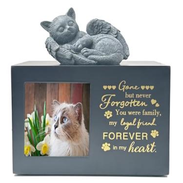 Imagem de Sengocis Urna memorial de gato com estátua de anjo e suporte de foto - Cinzas de animais de estimação para gatos - Urna de madeira de pinheiro premium com bolsa de veludo e painel de acrílico