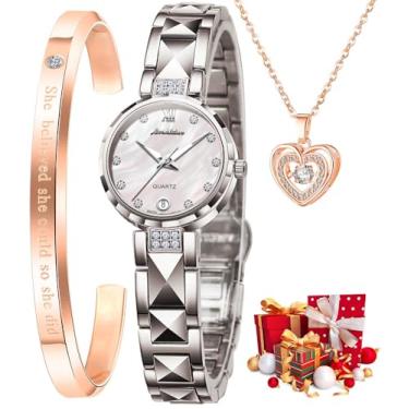 Imagem de OLEVS Relógios femininos ouro rosa vestido luxuoso diamante aço tungstênio moda relógio feminino calendário data luminoso relógio feminino à prova d'água, L8988: pulseira prata e mostrador branco