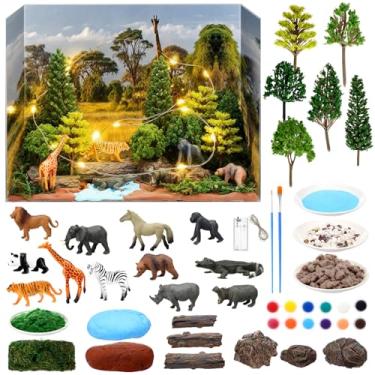 Imagem de Leinuosen Kit de diorama com 62 peças, suprimentos para diorama, inclui figuras de animais, modelo de árvore falsa, rochas, conjunto de pintura em aquarela com caixa de presente para lembrancinhas de