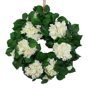 Imagem de Guirlanda de hortênsia de 61 cm para porta da frente – decoração de casamento para todas as estações com folhas de orelha de cordeiro e flores de hortênsia – estilo fazenda primavera/verão, decoração