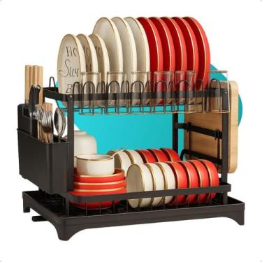 Imagem de Escorredor Louça 2 Andares Aço Pratos Talheres Copos Secador Duplo Par