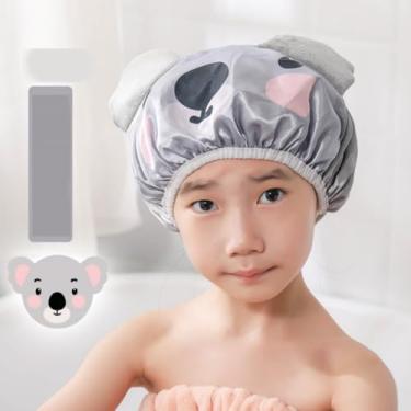 Imagem de Touca de banho infantil de camada dupla à prova d'água com estampa de animal fofo chapéu de cabelo elástico reutilizável para meninos meninas xampu banho