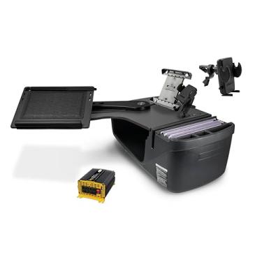 Imagem de AutoExec Alcance o banco traseiro da mesa para a estação de trabalho do seu veículo e escritório móvel, preto, com suporte para telefone, suporte para tablet e clipe de ventilação do telefone