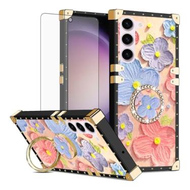 Imagem de Asuwish Capa de celular para Samsung Galaxy S23 5G capa magnética com protetor de tela de vidro temperado e anel protetor de flor de pintura suporte rígido S 23 23S GS23 G5 SM-S911U 15.5 cm feminino