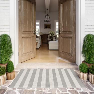 Imagem de Sungea Tapete Listrado Cinza E Branco, 3X5, Capacho Para Porta De Entrada, Área Externa, Lavável, Reversível, Algodão, Tecido À Mão, Mola, Dobrável Em Camadas Entrada/Casa Fazenda