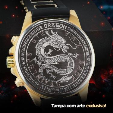 Imagem de Relogio Original Aço Inox Dourado Masculino Grande + Caixa Casual Social Silicone Dragão