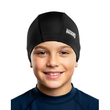 Imagem de Aegend Touca de natação de tecido - camada impermeável de silicone - touca de natação de tecido respirável mantém o cabelo seco com alta elasticidade para mulheres homens jovens, preto, pequeno