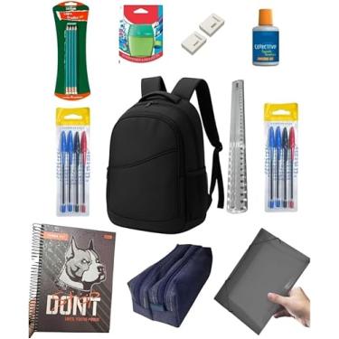 Imagem de Kit Material Escolar Completo com Mochila, Caderno 10 Matérias, Estojo Duplo, Canetas, Lápis, Régua, Borrachas, Apontador, Pasta, para Ensino Médio e Universitário Masculino
