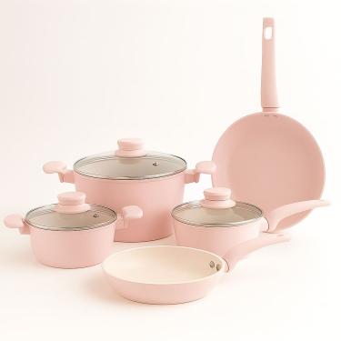 Imagem de Jogo de Panelas 5 Peças Antiaderente Cerâmica Rosa Claro Kaza+ Conjunto Ceramic Com Indução