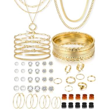 Imagem de YEEZII Conjunto de joias de ouro para mulheres com 5 peças de colar em camadas, 5 peças, 12 pulseiras, 4 brincos de argola, 8 anéis empilháveis, 10 grampos de cabelo, 12 brincos de brincos conjunto de