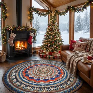 Imagem de jinchan Tapete redondo mandala 1,8 m azul rústico boho tapete lavável tribal 1,8 m redondo vintage pacífico tapete macio antiderrapante de perfil baixo para sala de estar, quarto, sala de jantar