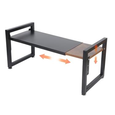 Imagem de GYHPD Pacote com 2 suportes de especiarias, organizadores expansíveis de prateleira de armário, prateleiras de bancada de cozinha, bambu e metal, prateleiras que economizam espaço, empilháveis, bambu