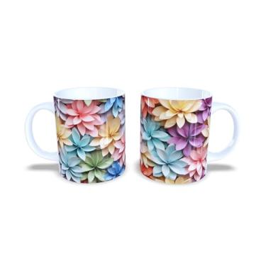 Imagem de Caneca de Cerâmica 325ml com Design de Flores 3D Coloridas, Estampa Floral Rosa, Azul e Amarelo (14134)