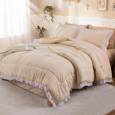 Imagem de A Nice Night Conjunto de edredom casal, 5 peças, leve, rústico, rústico, com babados, xadrez, xadrez, chique, conjunto de cama com fronhas