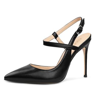Imagem de COLETER Sandália feminina com fivela de 10 cm, tira no tornozelo, bico fino, fechada, escritório, casamento, sapatos, Preto fosco, 37