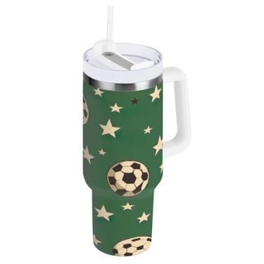 Imagem de Kigai Copo de estrelas e futebol de 1,134 g com tampa e canudo, copo isolado de aço inoxidável durável à prova de vazamento com alça, garrafas de água à prova de derramamento para viagens