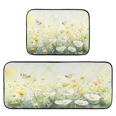 Imagem de Qilmy Tapetes de cozinha com flores silvestres e borboletas verdes, 2 peças, tapete de entrada frontal, antiderrapante, alivia a fadiga, lavável, tapete para cozinha, quarto, varanda630