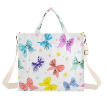 Imagem de Burbuja Sacola feminina com laços coloridos pastel, bolsa tiracolo de veludo cotelê para compras, trabalho, viagens, Laços coloridos pastel, Small