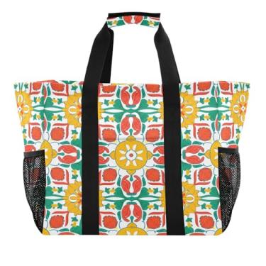 Imagem de Kigai Sacolas de mercearia reutilizáveis, estilo mexicano, com azulejos de cerâmica, grande, sacola de compras, resistente à água, bolsa de piscina dobrável para roupas, sapatos e piqueniques