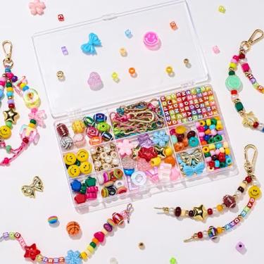 Imagem de MYCUTEY Kit de fabricação de chaveiros DIY - chaveiro com contas e bolsa de suprimentos de artesanato com chaveiros, cordões e futebol colorido, letra, estrela, coração, contas de pônei para crianças