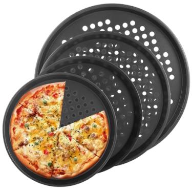 Imagem de STARVAST Conjunto de 4 formas de pizza, forma de pizza preta de aço carbono com orifícios, para forno e casa, cozinha, restaurante (23 cm, 25 cm, 28 cm e 30 cm)