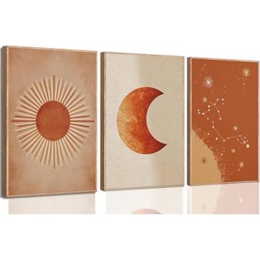 Imagem de 3 peças boho sol e lua estrela arte de parede arte de parede medieval moderno sol e lua impressões em bege e laranja pintura minimalista decoração de parede para sala de estar quarto escritório 40 x