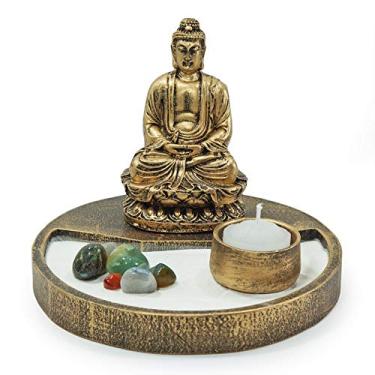 Imagem de Kit Jardim Zen Buda Hindu Areia Incensário + Vela Branca (Buda Dourado)