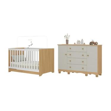 Imagem de Berço Americano 3 em 1 com Cômoda 2 Portas 4 Gavetas Dengo Multimóveis Mp4694 Madeirado/off White