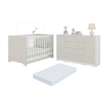 Imagem de Berço Americano 3 em 1 com Colchão Incluso e Cômoda 2 Portas 4 Gavetas Realeza Multimóveis Mp4705 Branco/off White