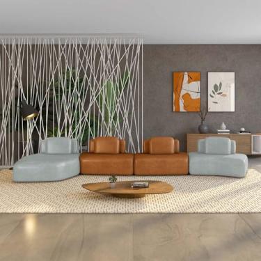 Imagem de Sofá Ilha Sala de Estar Dakota 4 Módulos 626cm Encostos Almofadas Soltas PU Cinza/Caramelo G33 - Gran Belo