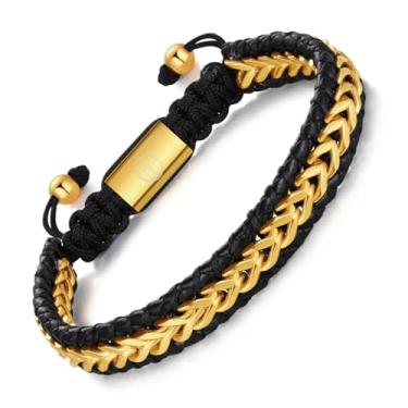Imagem de WP WEPICK Pulseira masculina de couro banhado a ouro 18 quilates para homens e mulheres, ajustável, pulseira de couro trançada, feita à mão, feita à mão, For Wrist 6.5-8 Inch, Sem Pedra Preciosa