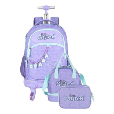 Imagem de Mochila Escolar Rodinhas 360º + Lancheira + Estojo 100 Lápis Stitch - 