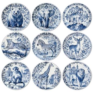 Imagem de ANATTASOUL Conjunto de 9 porta-copos de porcelana azul e branca com animais porta-copos de madeira coloridos a granel presente de inauguração de casa para casa nova, proteção de mesa de centro