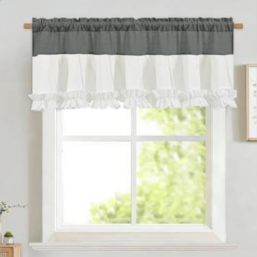 Imagem de Likiyol Sanefas de linho para janelas sanefas de janela de casa de fazenda com babados, cortinas rústicas com filtro de luz de cozinha, sanefa de varão, para banheiro, café, cinza, branco, 132 cm L x