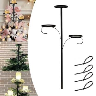 Imagem de Topo de árvore de Natal de candelabro, topo de árvore tripla de metal preto, suporte de topo de árvore de Natal de 69 cm para vela, Papai Noel e outras decorações