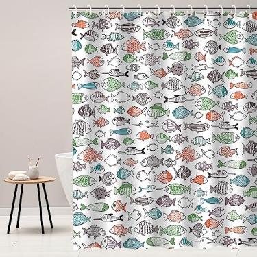 Imagem de RosieLily Cortina de chuveiro de peixes coloridos, conjunto de cortinas de chuveiro infantis com 12 ganchos, cortina de chuveiro à prova d'água para banheiro, 182 x 182 cm, cortinas de banho com
