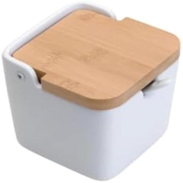 Imagem de Saleiro de ceramica preto com tampa de bambu e colher, utilitario.