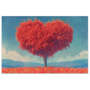 Imagem de Quebra-cabeça de árvore em forma de coração flores vermelhas quebra-cabeça 500 peças arte de flores adultos quebra-cabeças rígidos para adultos amigos família jogos presentes