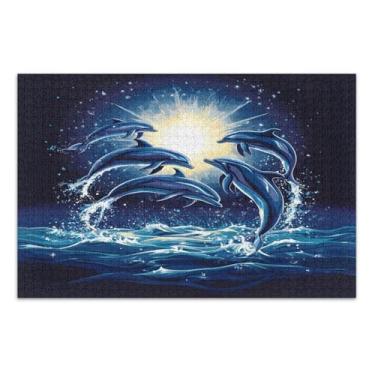 Imagem de Quebra-cabeças saltando golfinhos ondas azuis para adultos com letras nas costas quebra-cabeça 1000 peças