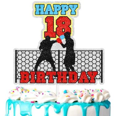 Imagem de Topper de bolo de boxe 18º tema de boxe decoração de luta feliz aniversário, festa esportiva de fitness, festa de aniversário de meninos e meninas, suprimentos de decoração de saco de pancadas de luta