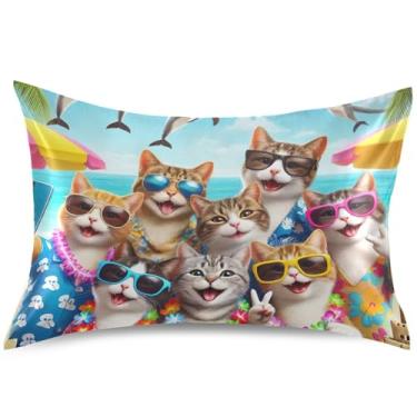Imagem de Capa de almofada de cetim com estampa de gatos fofos, capas de almofada refrescantes padrão King Queen, tamanho padrão, 66 cm x 50 cm