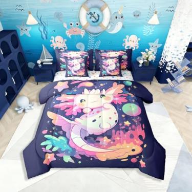 Imagem de Erosebridal Axolotl Conjunto de cama solteiro com 7 peças, galáxia, estrelas, planetas, cama em uma bolsa, lindo conjunto de cama de salamandra, inclui edredom, conjunto de lençóis, fronhas e fronhas