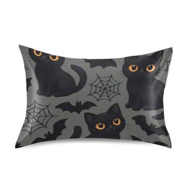 Imagem de Halloween preto gatos cinza padrão king queen fronhas de cetim impressão refrescante para cama de casa sofá king size 101,6 cm x 50,8 cm