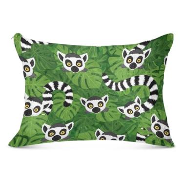 Imagem de Capa de travesseiro de poliéster grande com estampa de folhas de lêmure de desenho animado tamanho padrão King Queen, tamanho do corpo, 53 cm x 137 cm