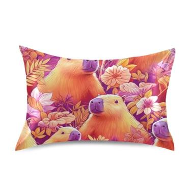Imagem de Fronhas legais de desenho animado capivaras florais de cetim padrão king queen capas de almofadas refrescantes decoração de quarto estética tamanho queen 76,2 cm x 50,8 cm
