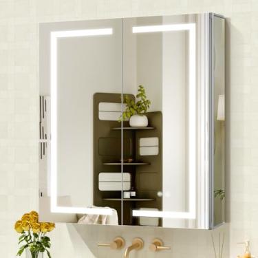 Imagem de Janboe Armário de remédios de LED, armário de espelho de banheiro com luzes, 76 × 81 cm, equipado com luz interna, estrutura de alumínio, soquete de barbeador USB, 3 cores, regulador, demister