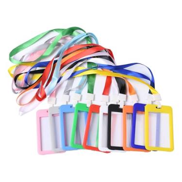 Imagem de 10 porta-crachá de identificação com cordão, cartão de identificação de plástico rígido, suporte de cartão de nome de design transparente dupla face (10 cores)