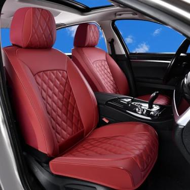 Imagem de Huidasource Capa de assento frontal vermelha, capa de assento frontal de couro napa, tecido elástico lateral, compatível com airbags, cintos de segurança, ajuste universal para a maioria dos carros