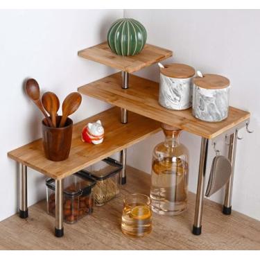 Imagem de HYNAWIN Prateleira de canto de bambu e metal para temperos, estante de mesa de 3 camadas, organizador de economia de espaço, rack ajustável para cozinha, quarto, escritório - melhor decoração de casa